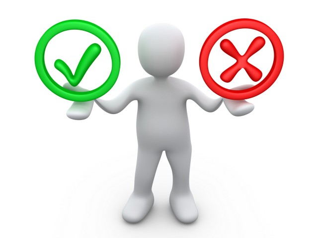 Royalty-free 3d computer generated business clipart picture of a white person holding his arms out with a green check mark and a red x in his hands, symbolizing approval and denial.