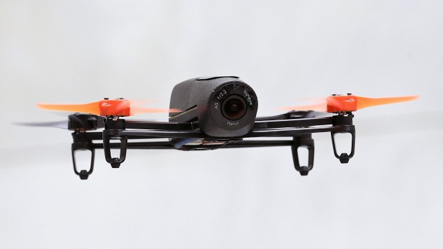 A Parrot Bebop drone flies during a demonstration in May in San Francisco.