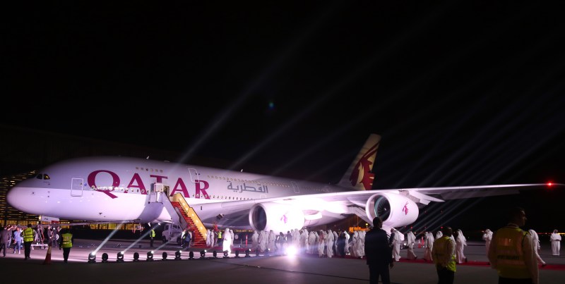 Qatar Airways takes delivery of its first Airbus A380 during a ceremony on September 18, 2014, at Hamad International Airport in Doha. Qatar Airways expected to take delivery of the super-jumbo in May but the order has been delayed. AFP PHOTO / FAISAL AL-TAMIMI (Photo credit should read FAISAL AL-TAMIMI/AFP/Getty Images)