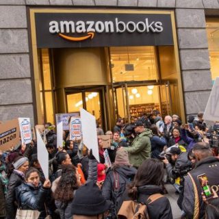 Image result for Amazon HQ2 protesters swarm Herald Square bookstore
