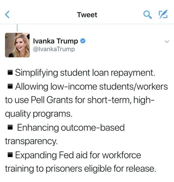 伊万卡宣布白宫计划：学贷设上限，月付与收入挂钩