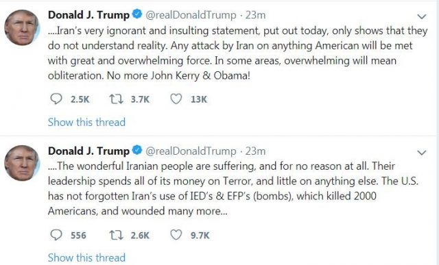 伊朗强烈斥责华府新制裁 川普：敢动美国人就灭了你