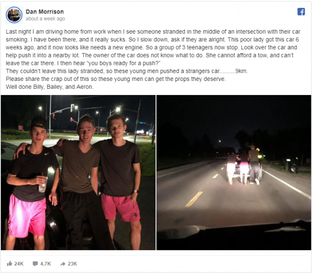女司机深夜车抛锚路边 3名少年徒步推车9公里被称“英雄”