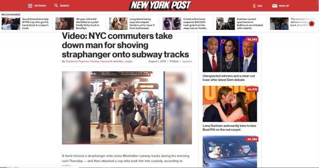 纽约流浪汉将一人推下地铁 乘客合力将其制服