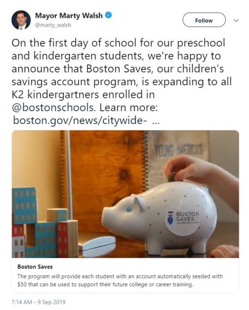 鼓励投资教育 波士顿奖励每名公立幼儿园学生50元储蓄