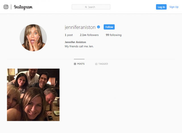 詹妮弗•安妮斯頓開通Instagram 「老友」合照致網路癱瘓