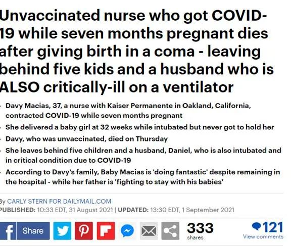 慘! 37歲護士未打疫苗 染疫昏迷產子後死亡 獨留5娃! 丈夫也在ICU!